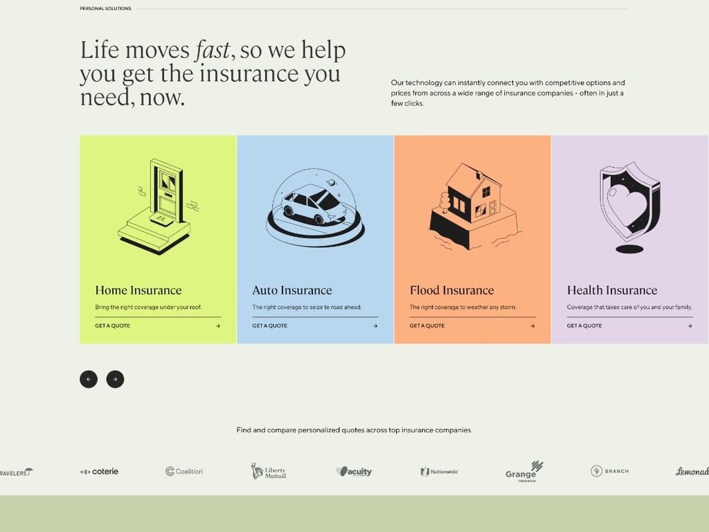 A screenshot of Acrisure’s rebranded website, highlighting the various insurance options for customers.