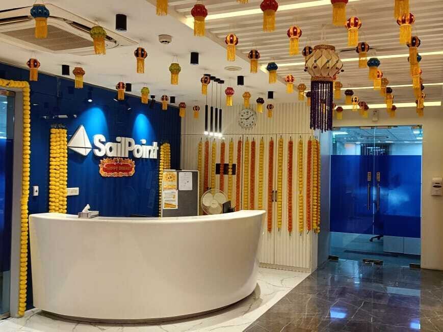 The lobby of SailPoint’s Pune, India, office decorated for Diwali.