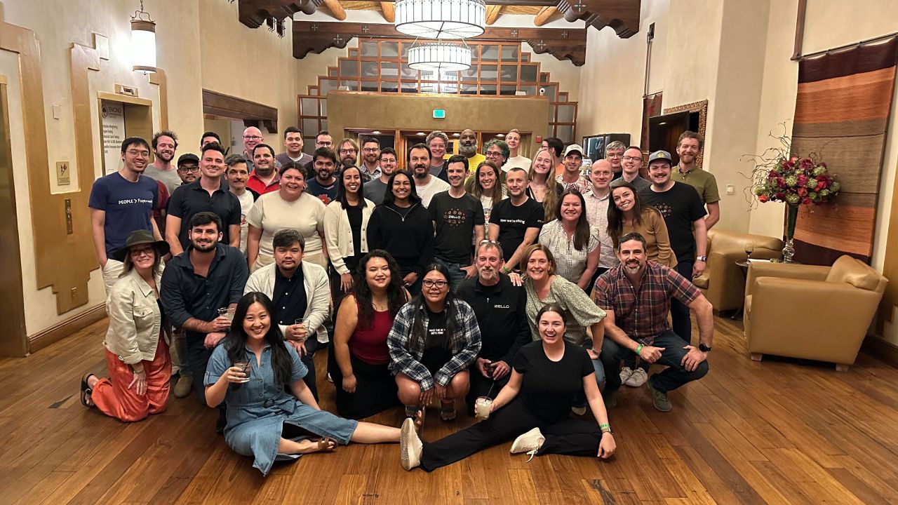 A large group of Zello employees pose at the company’s hackathon event in Santa Fe, New Mexico.