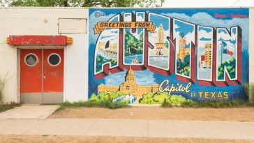 The Greetings from Austin mural, Inspired by a 1940s postcard, the vibrant mural depicts Austin landmarks like the Congress Avenue Bridge, The University of Texas Tower, and Barton Springs.