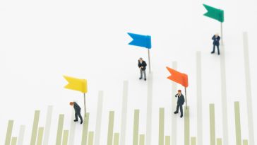 A photo of miniature people in suits standing on a piece of paper with a bar chart with colorful flags to note levels of achievement. 